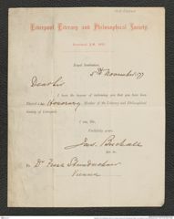 Nachlass Franz Steindachner, Brief von Liverpool Literary and Philosophical Society; Jus. Buckale an Franz Steindachner (05.11.1877), Inv.Nr. 305.01, Seite 1